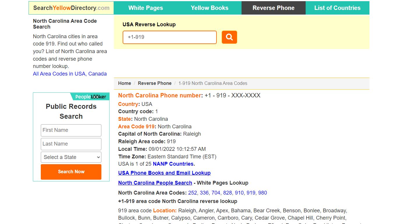 North Carolina Area Code 919 Reverse Phone Number Lookup
